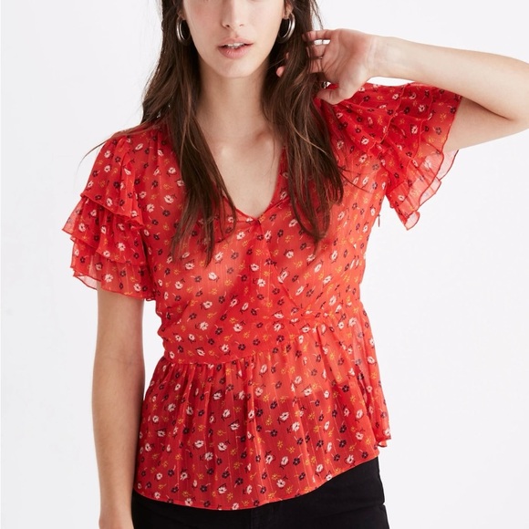 NWOT Madewell Tiered Sleeve Red Peplum Top In Metallic Prairie Posies SIZE 6 - Picture 1 of 12